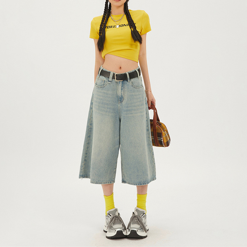 Orange silk women's clothing# American street retro ins black gray wide leg cropped pants summer high waist high street jeans women