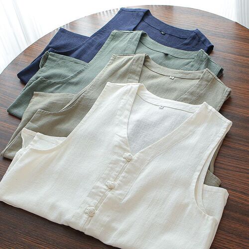 Chinese-style mandarin collar loose linen vest jacket with natural linen and breathable design, summer men's traditional Chinese retro buttoned lapel