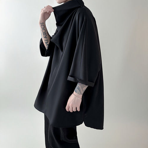 2026 foreign trade irregular semi-high-neck ice silk t-shirt high-quality dragline pure white pile collar short sleeve seven-quarter sleeves