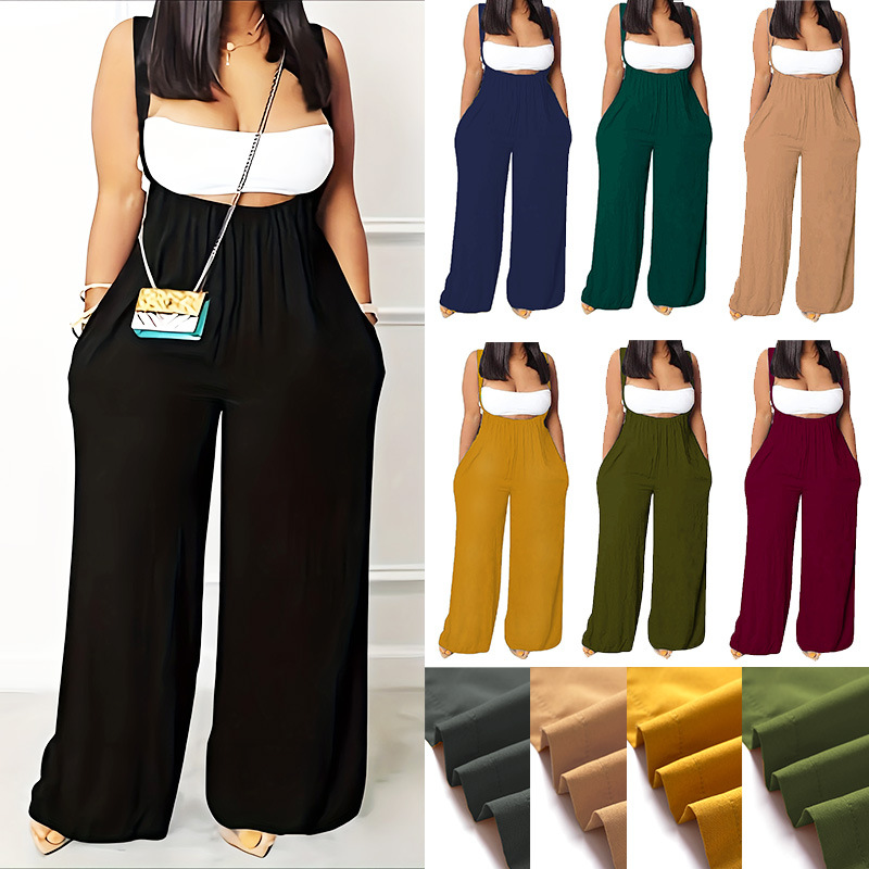 大码跨境亚马逊速卖通wish热卖背带连体裤纯色阔腿吊带裙裤高腰