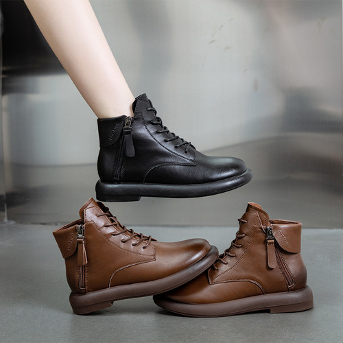 Women's Genuine Leather Martin Boots  Autumn/Winter New Warm Fleece Flat Short Boots Women Retro British Style Low Top Boots