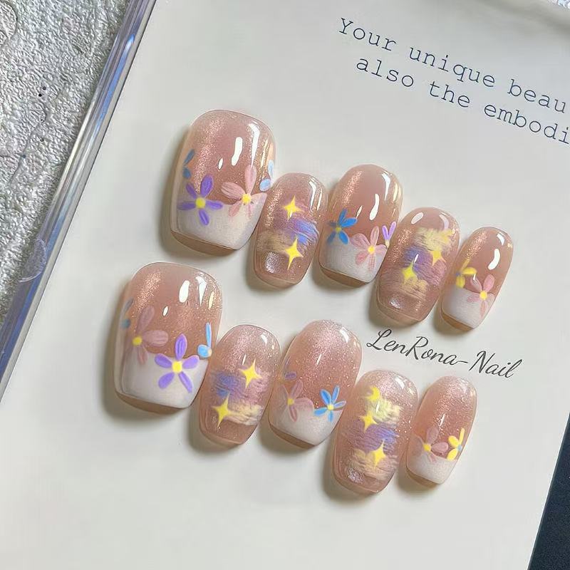 Spring Oil Painting Monet Garden Short Nail Art with Colorful Clouds and Rainbow, Atmospheric Cat-Eye Short Nails That Enhance Complexion
