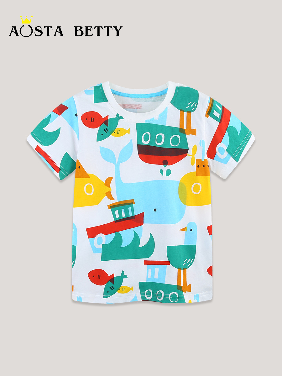 Verano nuevos productos de camisetas infantiles estilo europeo y americano interesante impresión de camisetas de manga corta para niños camisetas de algodón de punto de cuello redondo para niños camisetas