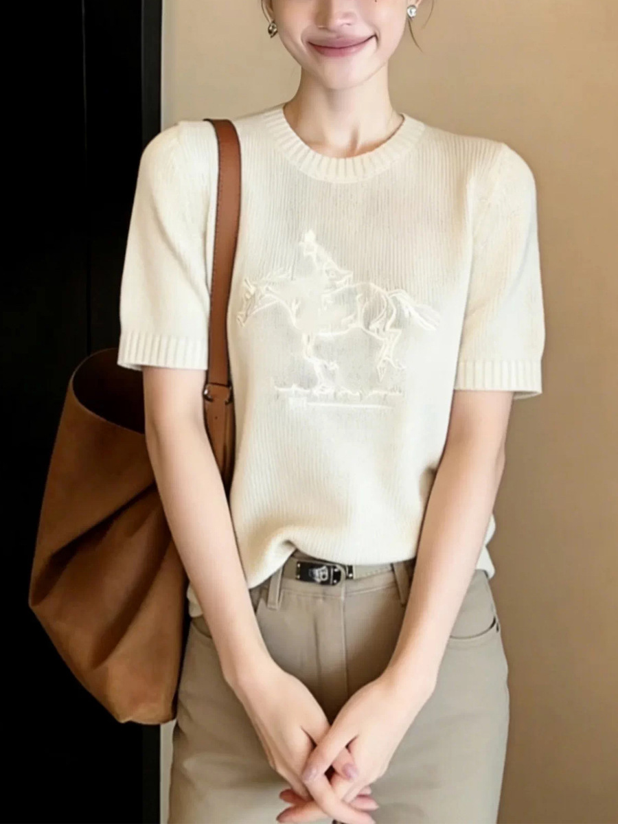 Áo len ngắn tay nữ cổ lọ cao cấp mùa hè — màu mơ