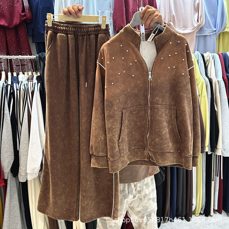 European and American Design Diamond-Studded Zipper Cardigan Loose Long-Sleeve Sweatshirt Top + Elastic Waist Wide-Leg Pants Two-Piece Set