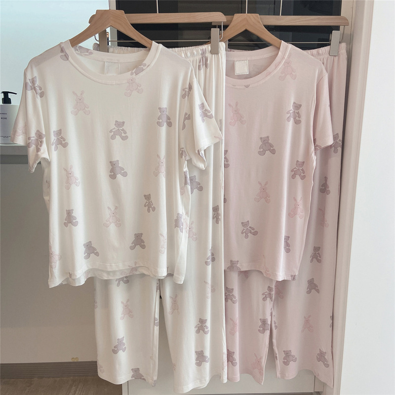 Modal Cool and Cute Cartoon Bunny and Bear Round Neck Short-Sleeved Long Pants Thin Comfortable Summer Pajamas for Women