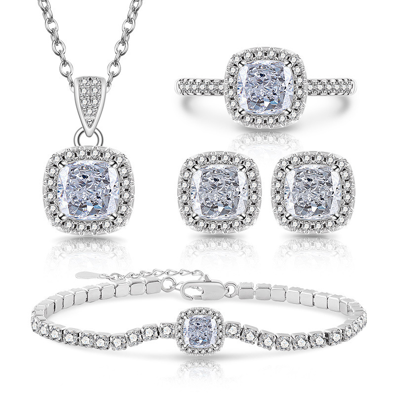 Modeschmuck-Sets, funkelndes Edelstein-Eisschliff-Prinzessinnen-Quadrat-Set, Bestseller in Europa und Amerika, Ring und Ohrringe mit hochkohlenstoffhaltigem Diamanten._voghion.com
