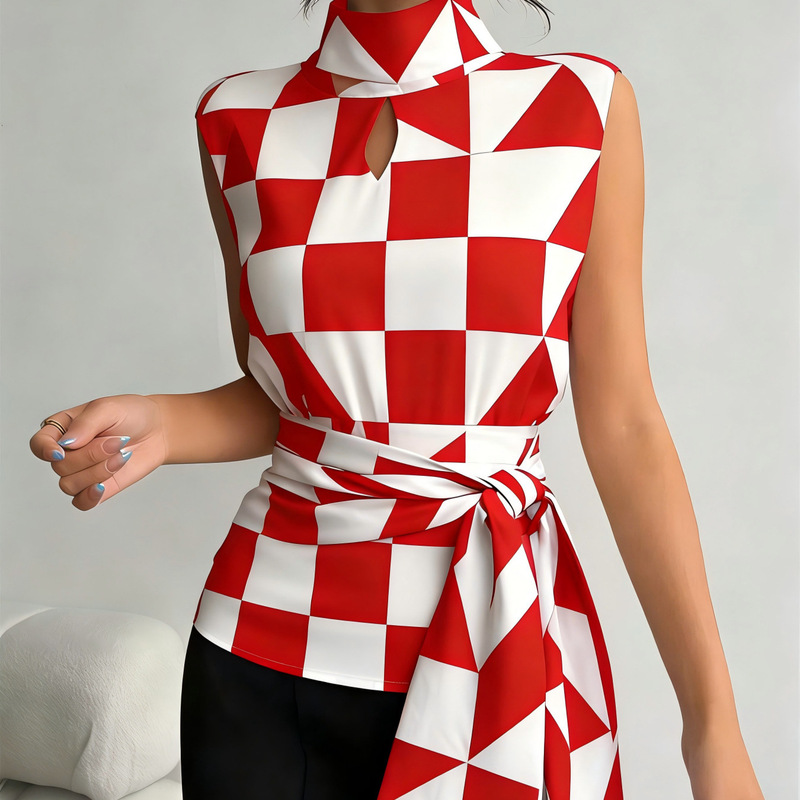 Stand Collar, Cut-Out Design, Tie-Waist, Slim Fit, Sleeveless Shirt, Elegant and Stylish, Ol Commuter Style, Digital Print Stand Collar, Cut-Out Design, Tie-Waist, Slim Fit, Sleeveless Shirt, Elegant and Stylish, Ol Commuter Style, Digital Print
