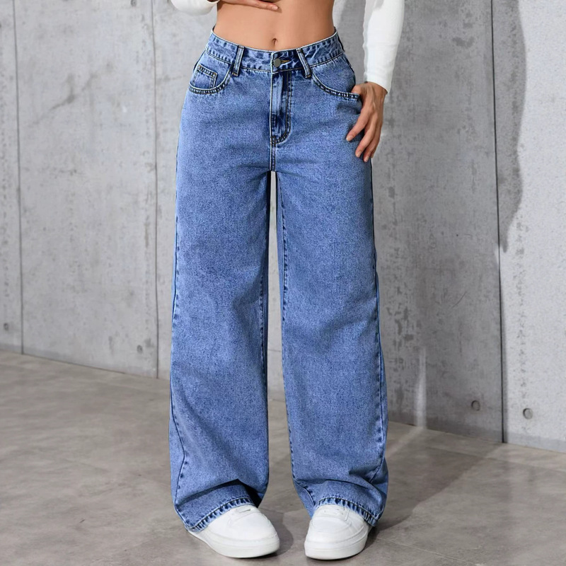 Amazon Wish European and American Cross-Border Women's Clothing Foreign Trade Aliexpress Fashion Straight High-Waisted Wide-Leg Loose Jeans for Women