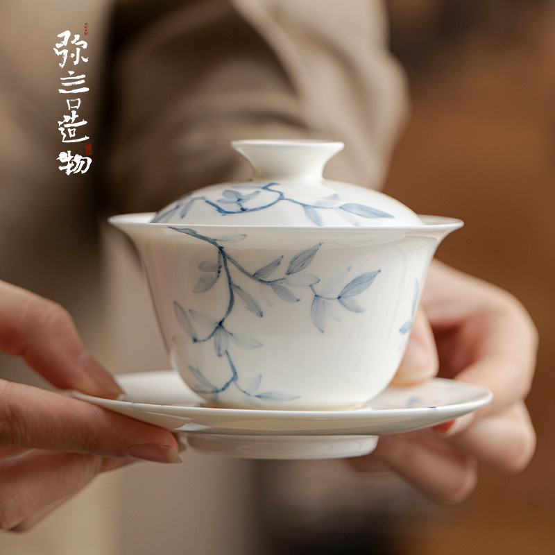 Mi Yan Jade Mud White Porcelain Pure Hand-painted Blue and White Cover Bowl Household Large Three-talent Cover Bowl suit Not Hot Tea Art Tea Bowl