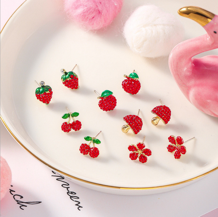 9g Weight 1 Pair Sweet Simple Style Cherry Fruit Plating Alloy Zircon Ear Studs