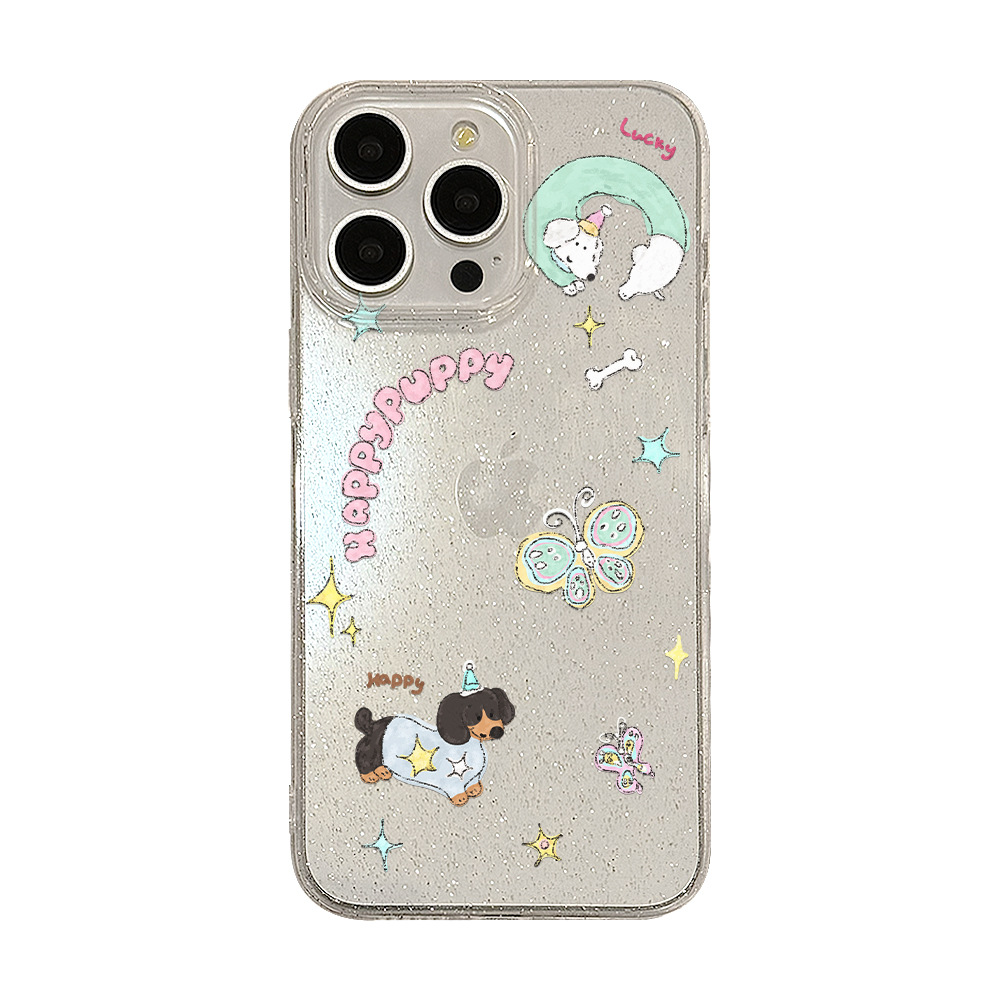Funda con diseño de perro dachshund y mariposa estilo INS japonés y coreano para iPhone 16, funda brillante para iPhone 15, compatible con iPhone 17 Pro Max, iPhone 11.