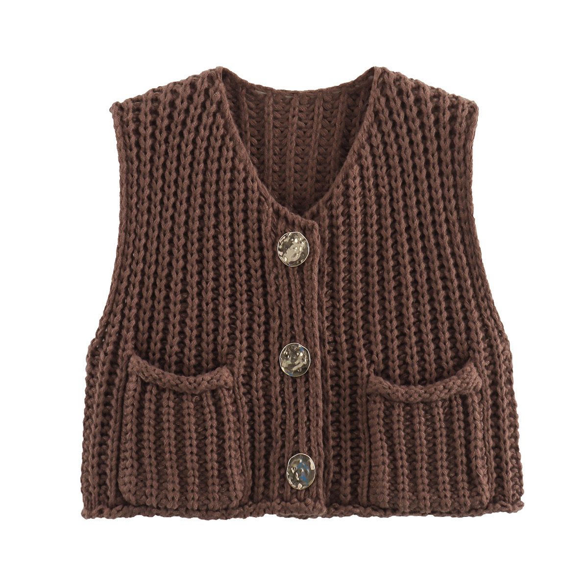 Venta rápida explosión de otoño y invierno 2024 nueva ropa de mujer bolsillo de estilo europeo y americano sin mangas chaleco de punto corto cardigans chaleco