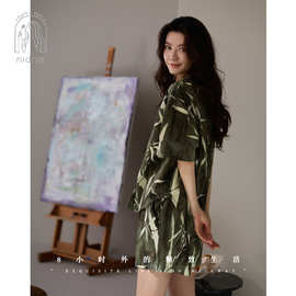 妮狄娅睡衣女夏季凉感柔软棉短袖开衫款可外穿特色国风家居服套装