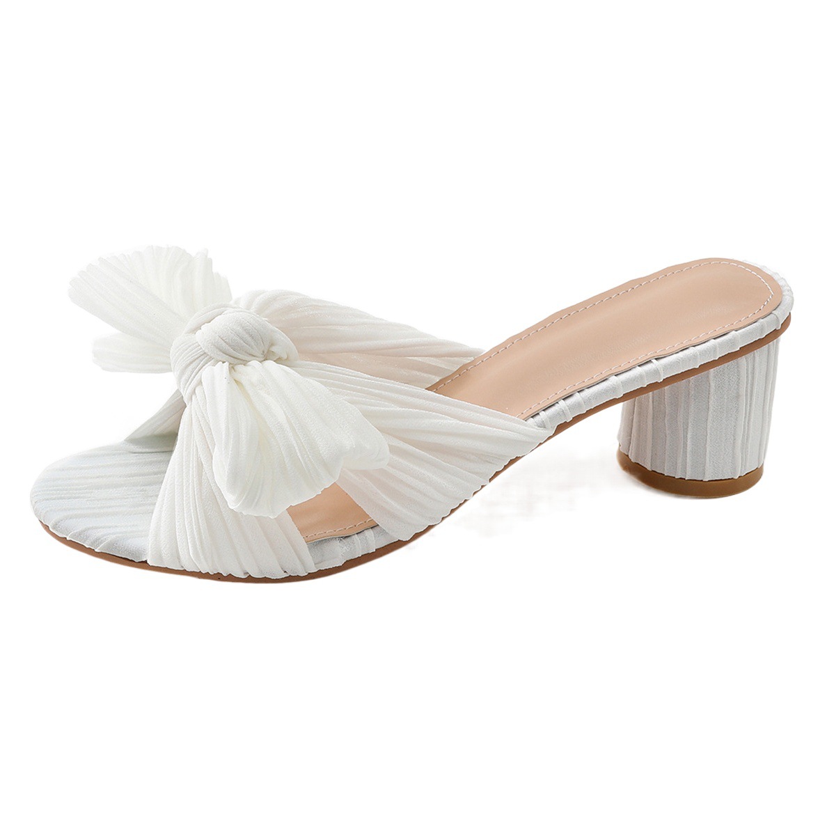 Sandalias de verano 2025 para mujer con tacón grueso, sandalias con lazo de satén, pantuflas de punta redonda y abierta para mujer, talla grande para exportación