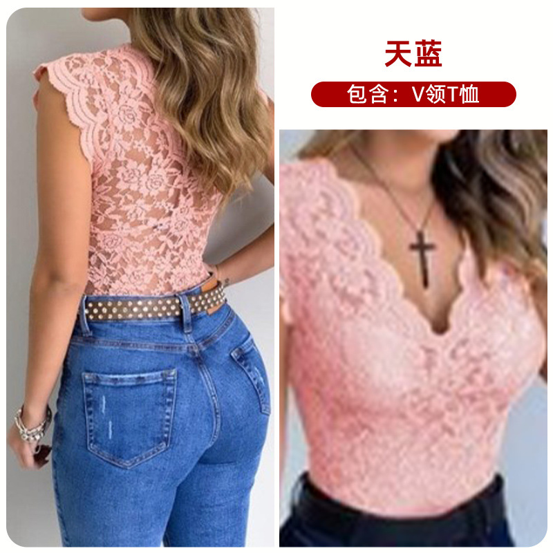2024 deseo nuevo encaje con cuello en V camiseta sexy ver-a través de la parte superior B3067