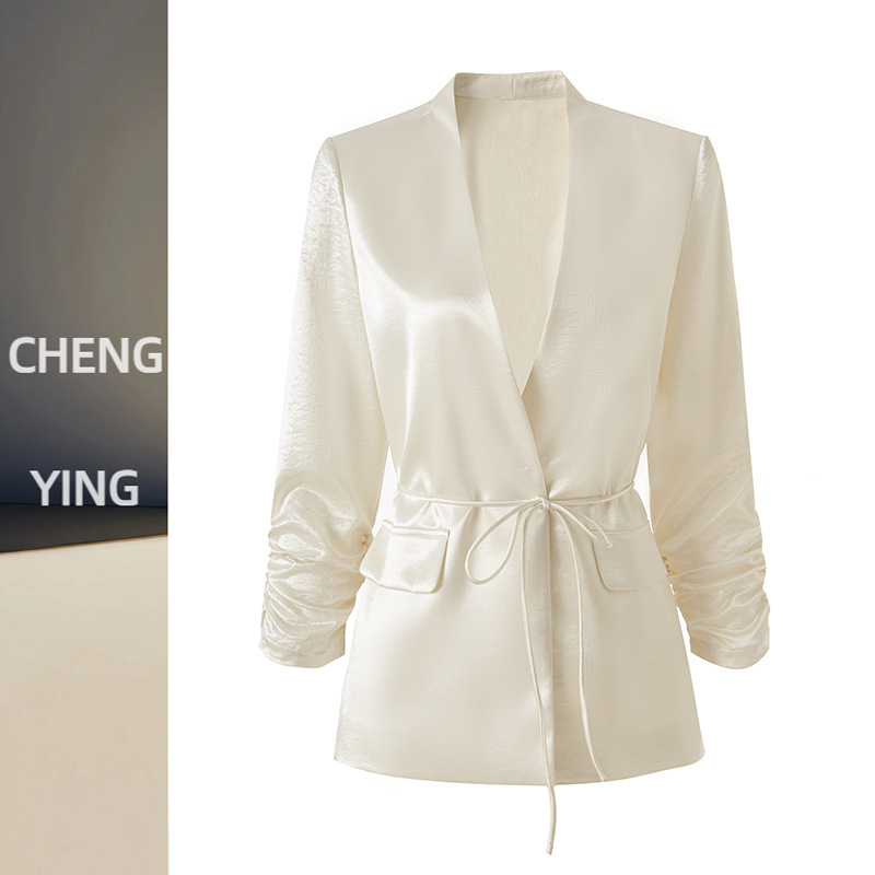 Silk Drape-Effect Blazer 2026 Spring/Summer V-Neck Fashion Tie Loose Versatile Elegant Casual Women's Blazer Silk Drape-Effect Blazer 2026 Spring/Summer V-Neck Fashion Tie Loose Versatile Elegant Casual Women's Blazer