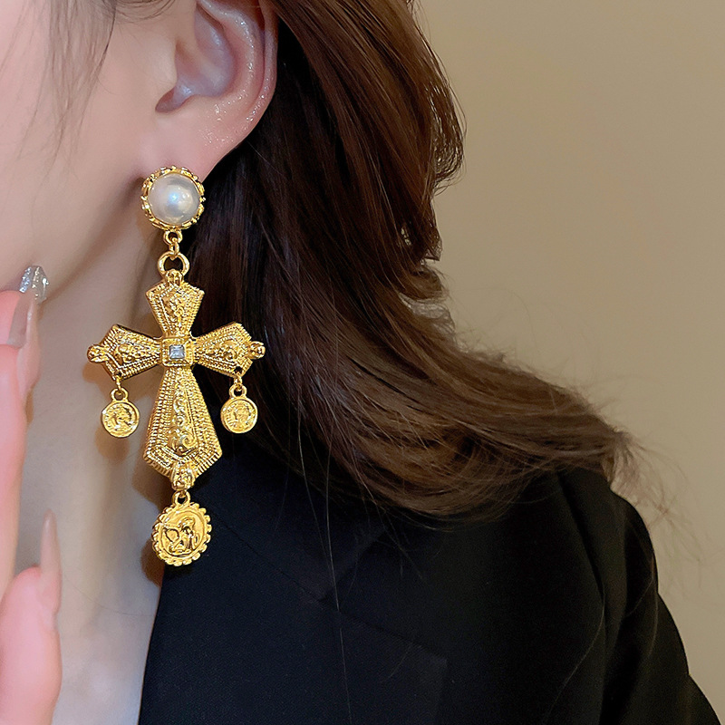 Drop Earrings Classification 1 Pair Vintage Style Cross Plating Inlay Alloy Artificial Pearls Rhinestones Drop Earrings