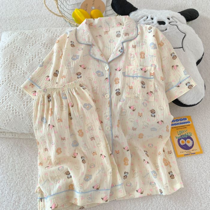 Venta al por mayor transfronteriza verano nuevo pijama mujer nube algodón dibujos animados a cuadros solapa cárdigan manga corta dulce traje de servicio a domicilio