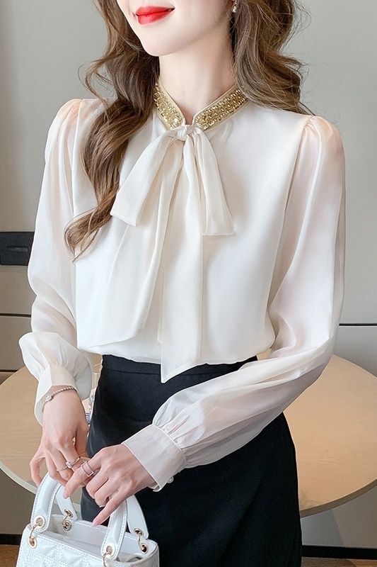 French High-End Sequined Bow Shirt for Women 2025 New Spring Unique and Beautiful Blouse in Apricot Chiffon French High-End Sequined Bow Shirt for Women 2025 New Spring Unique and Beautiful Blouse in Apricot Chiffon