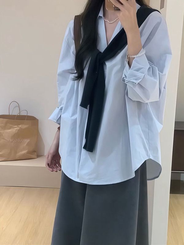 韩系休闲套装宽松长袖翻领衬衫女秋季高腰修身半身裙A字裙两件套|undefined