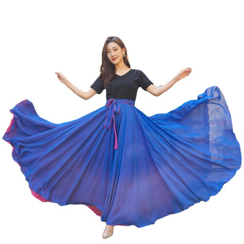 Layered Double-Sided Red Silk Chiffon Dress with 720-Degree Swing, Perfect for Uyghur Xinjiang Dance Performances on the Square