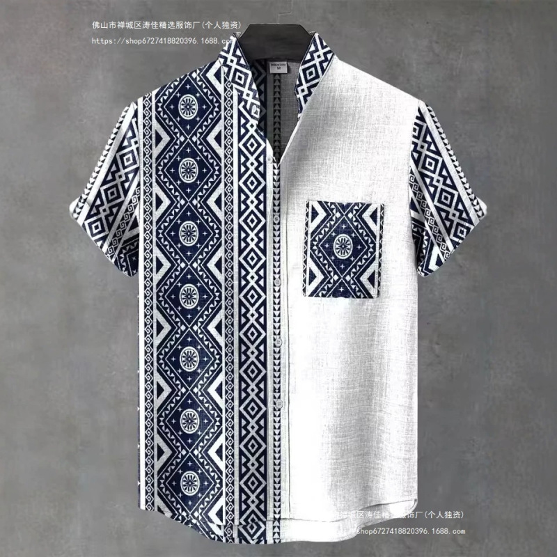 New Ethnic Style Shirts with Casual Design, Men's Linen Printed Short-Sleeved Shirts, Fashionable and High-Quality New Ethnic Style Shirts with Casual Design, Men's Linen Printed Short-Sleeved Shirts, Fashionable and High-Quality