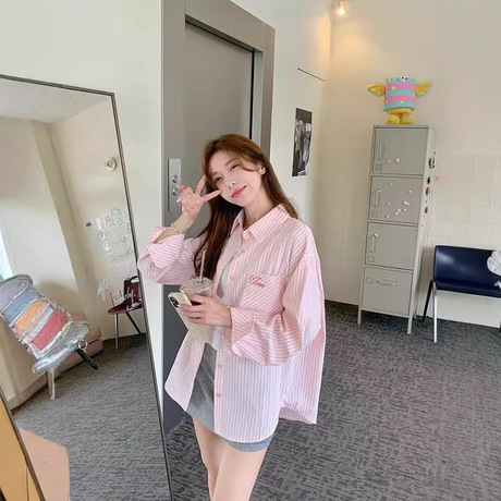 刺绣粉色条纹衬衫女韩系POLO领新款薄款宽松防晒衫长袖休闲衬衣