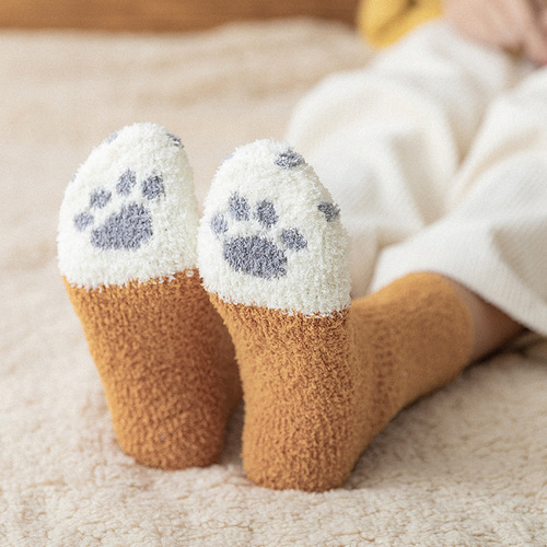 Coral velvet socks thickened mid-calf socks autumn and winter socks women's cat paw cute plus velvet warm sleeping floor socks sleep socks