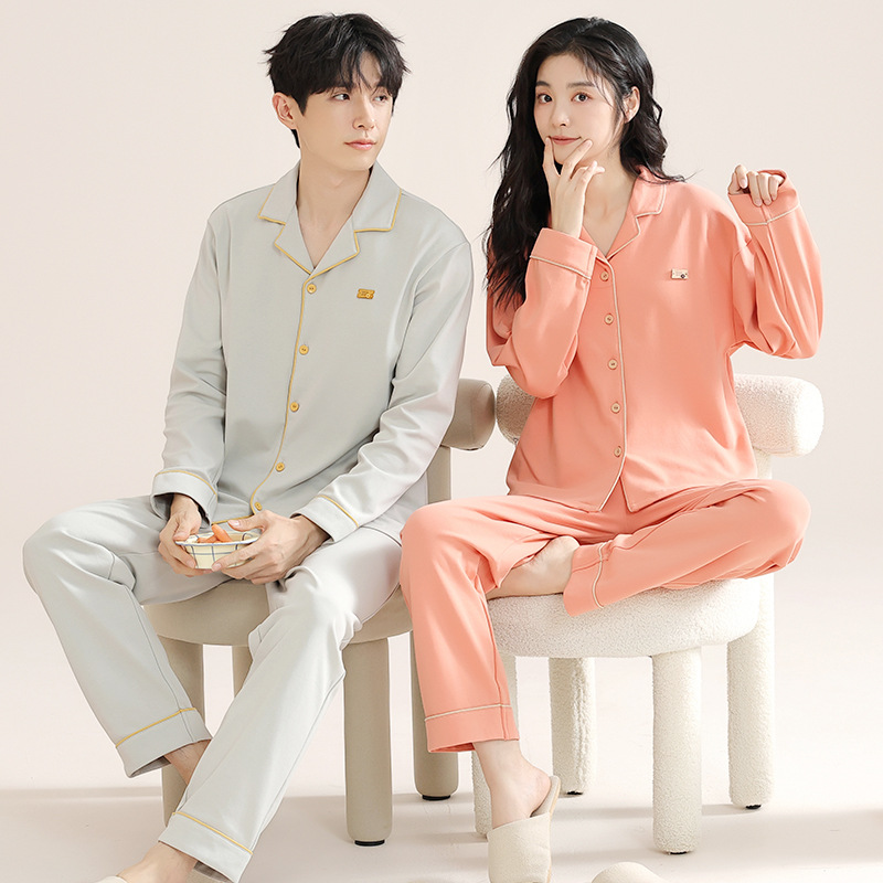 항균 통기성 순면 커플 잠옷 봄과 가을 긴 소매 바지 가디건 옷깃 플러스 사이즈 세트 남성 및 여성 홈 옷