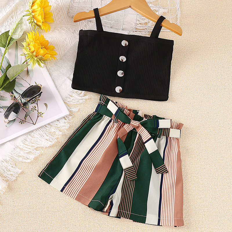 Mädchen Set 2024 Sommer Neue Modische Sling Top Gestreiften Shorts Kinderkleidung_voghion.com