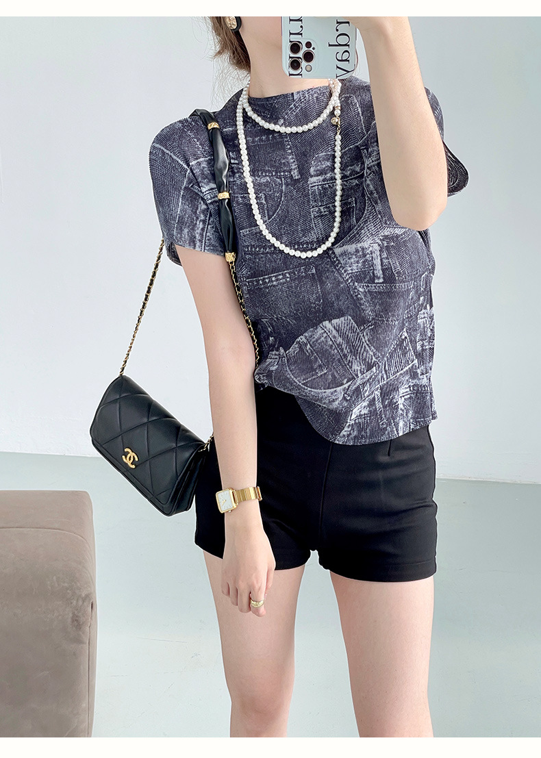 Áo thun vai bò giả cổ phối hoa in họa tiết xếp ly Miyake thiết kế tôn dáng — Màu xanh lam chi tiết 16