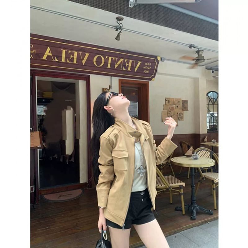Maillard Brown Suede Short Jacket for Petite Women, 2026 Fall/Winter New Vintage Motorcycle Leather Jacket