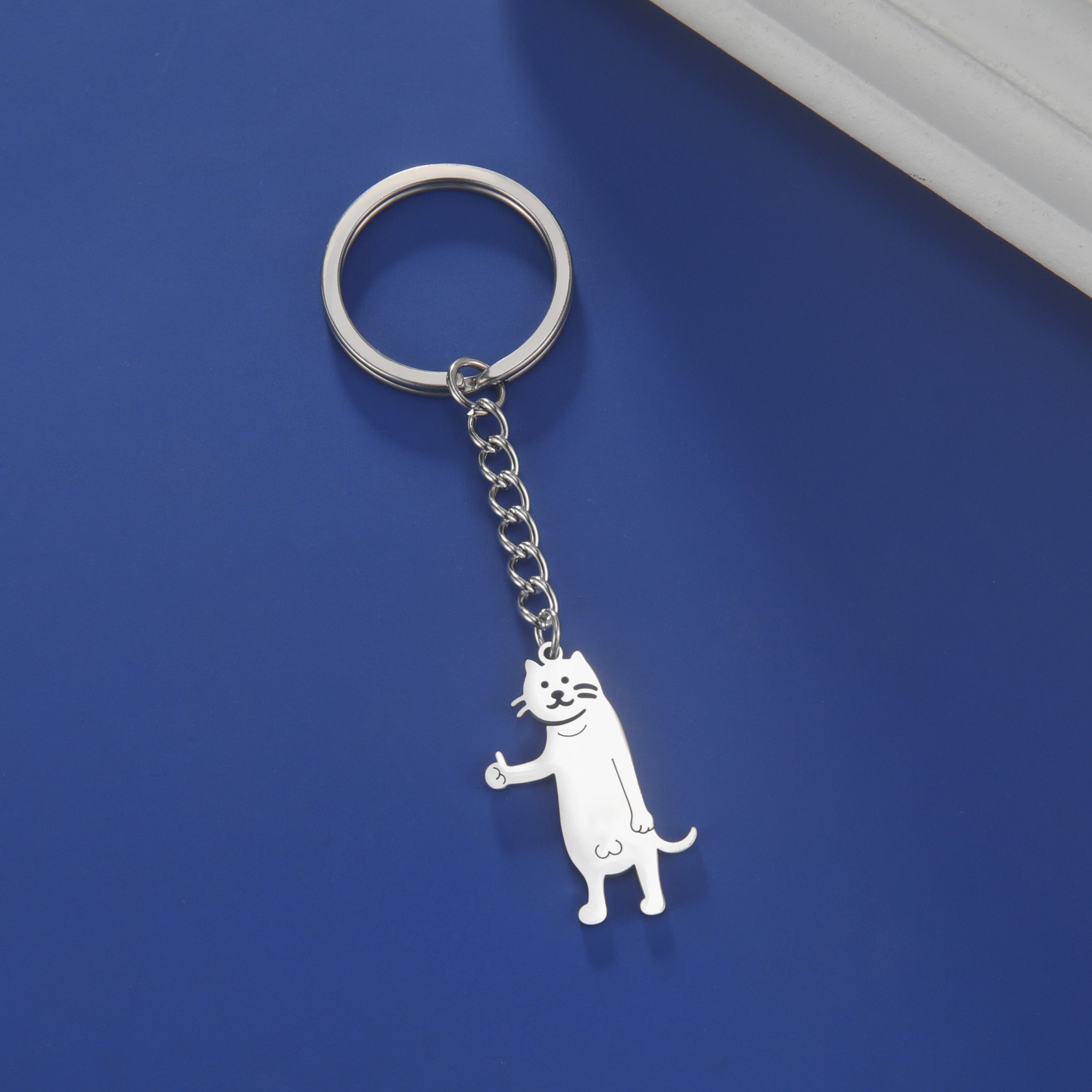 Hot Selling Cartoon Titanium Steel Cut Cute Thumbs-up Kitten Pendant 304 Material Stainless Steel Key Ring display picture 3