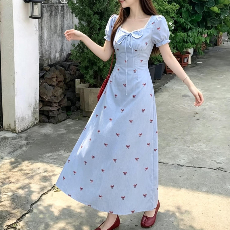 Square Neck Bow Print Dress for Women, Summer Puff Sleeves, Waist-Cinching, Slimming, Youthful Style, Everyday Long Dress
