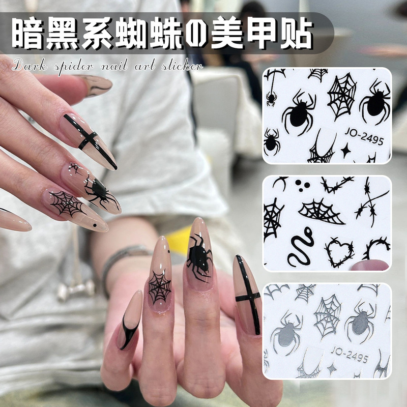 Dark style hand-painted Spider nail stickers Halloween elements skull ghost funny 3D adhesive nail stickers