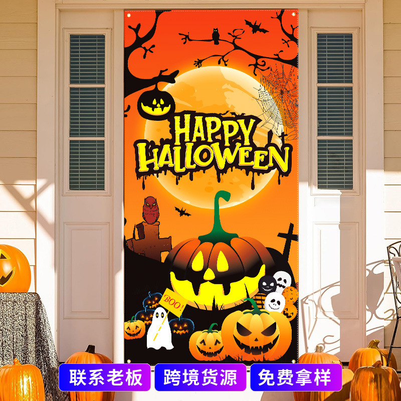 Cross-Border Halloween Door Cover Custom Outdoor Door Curtain Horror Decoration Props Ghost Festival Atmosphere Decoration Supplies Flags
