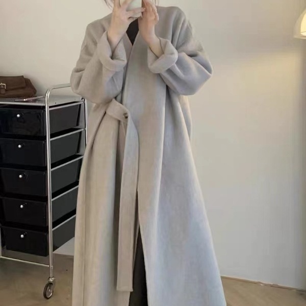 2025秋冬新款领系带双面羊绒大衣女设计感飘带羊毛长款外套高端