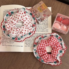 Cherry red fresh plaid lace large intestine hair tie simple girly ball hair rope floral polka dot fabric rubber band