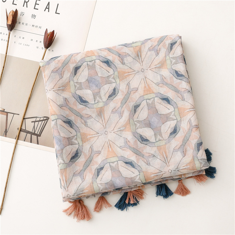 Simple Yarn Cotton Blue And White Pink Orange Abstract Flowers Fringed Gauze Scarf Shawl display picture 2