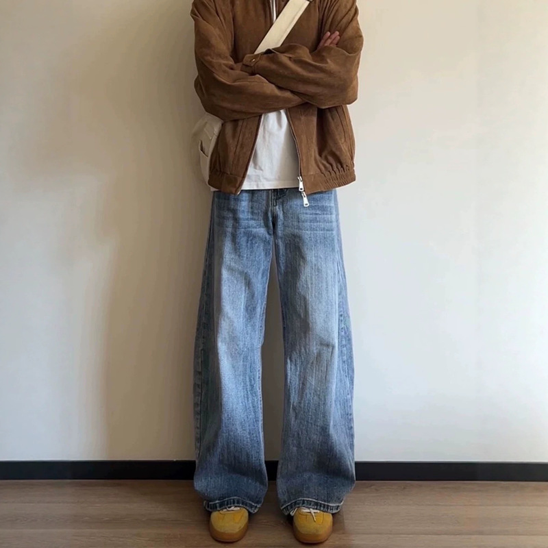 Light Blue Washed Denim Jeans for Men, Spring and Summer Season, Drapey Straight Loose Wide-Leg Pants