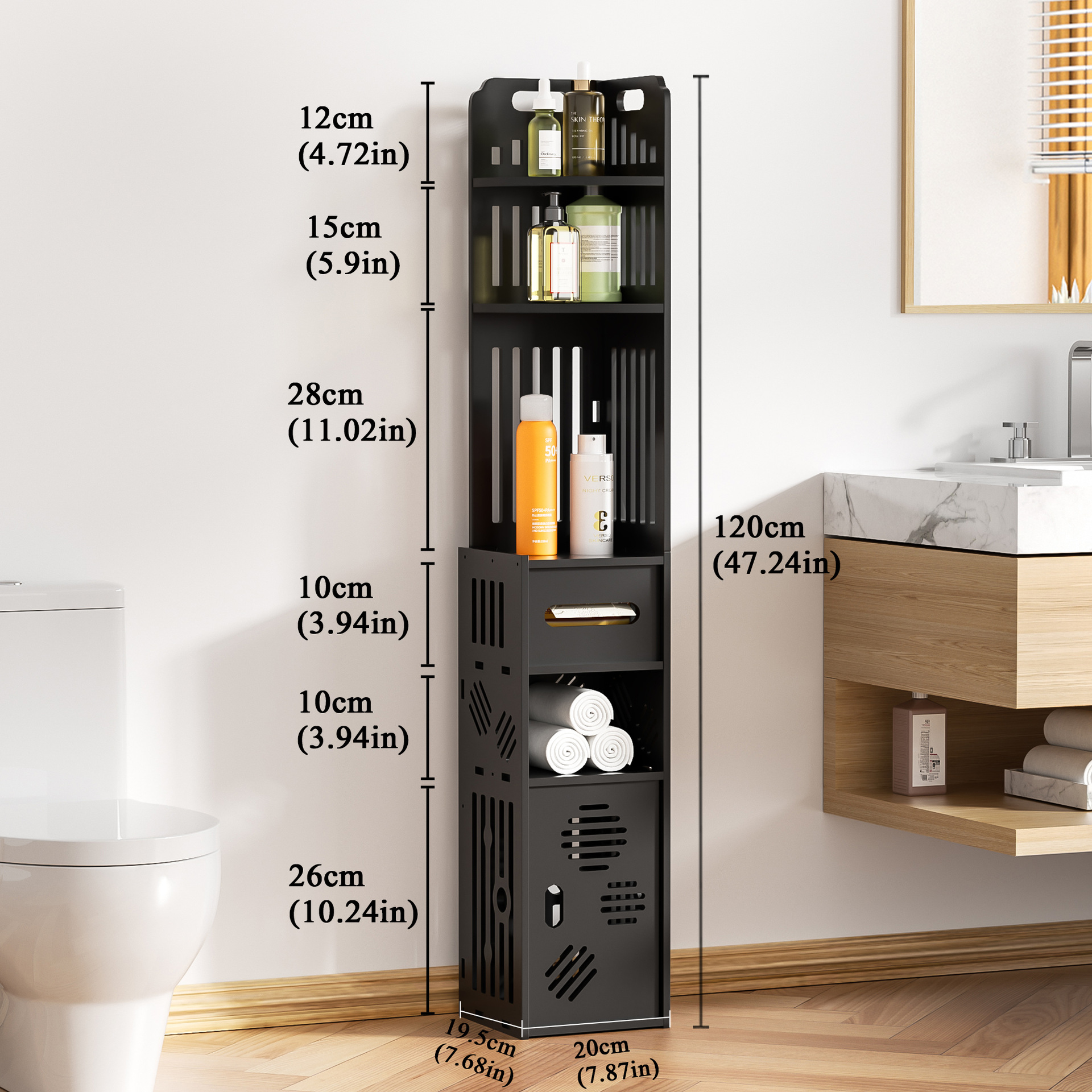 Estante de almacenamiento de baño, estante de almacenamiento de inodoro, estante de almacenamiento de múltiples capas de piso de cosméticos, gabinete de almacenamiento estrecho