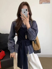 韩版设计感收腰格子衬衫女2025秋季新款宽松显瘦小个子拼接上衣潮