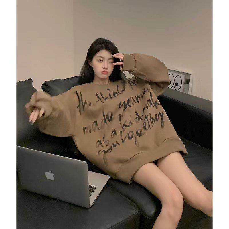 Korean Style Letter Printed Round Neck Sweatshirt for Women Autumn and Winter 2022 New Fashion Brand Casual Loose Slimming Look Versatile Top