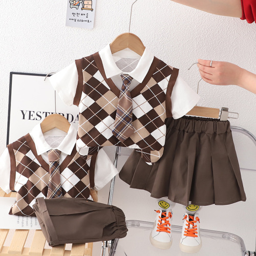 Children's Summer Korean Style Set  New Boys and Girls College Style Short Sleeve Shirt Vest Baby Two Piece Set Fashion