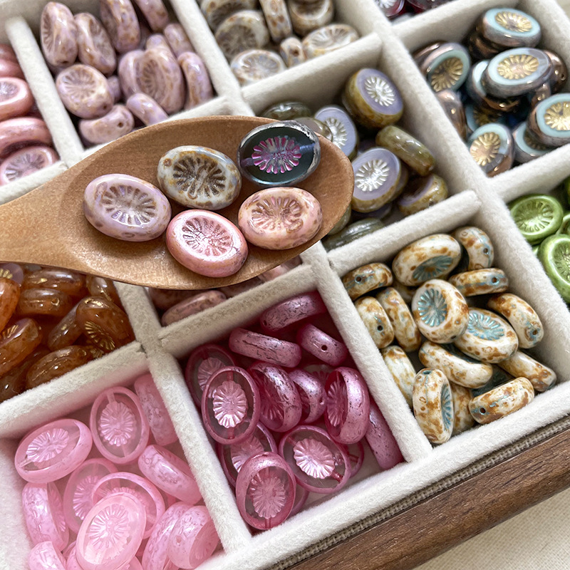 进口捷克琉璃复古串珠猕猴桃切面纹椭圆直孔珠DIY手工做旧手链珠