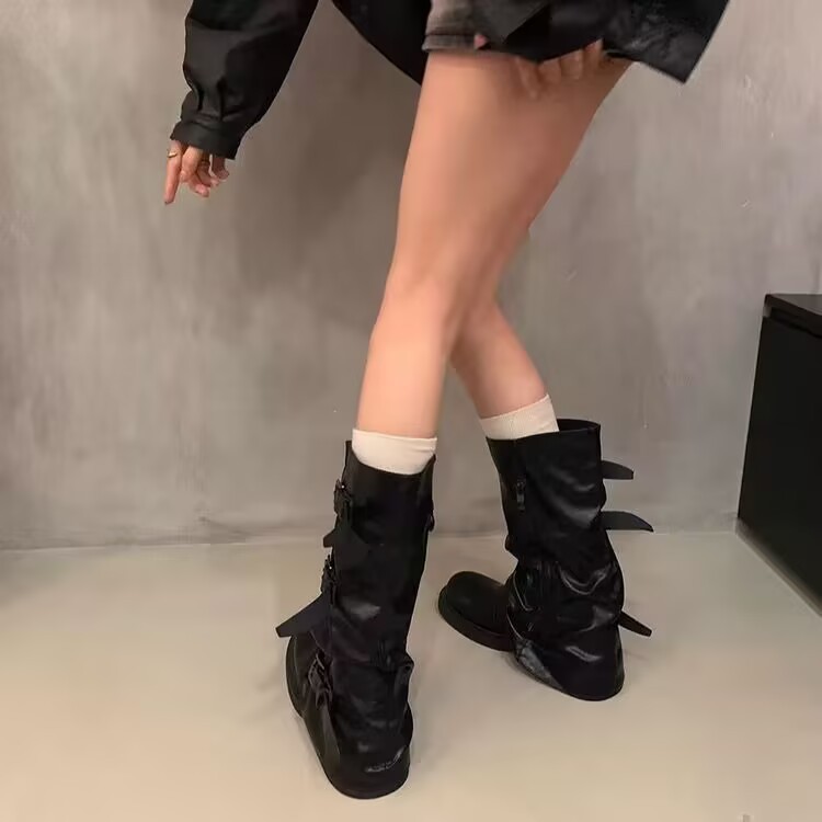厚底ミッドカーフブーツ女性用 2025 初秋と冬の新しいスタイルのプリーツベルトバックルダークブーツナイトブーツ|undefined