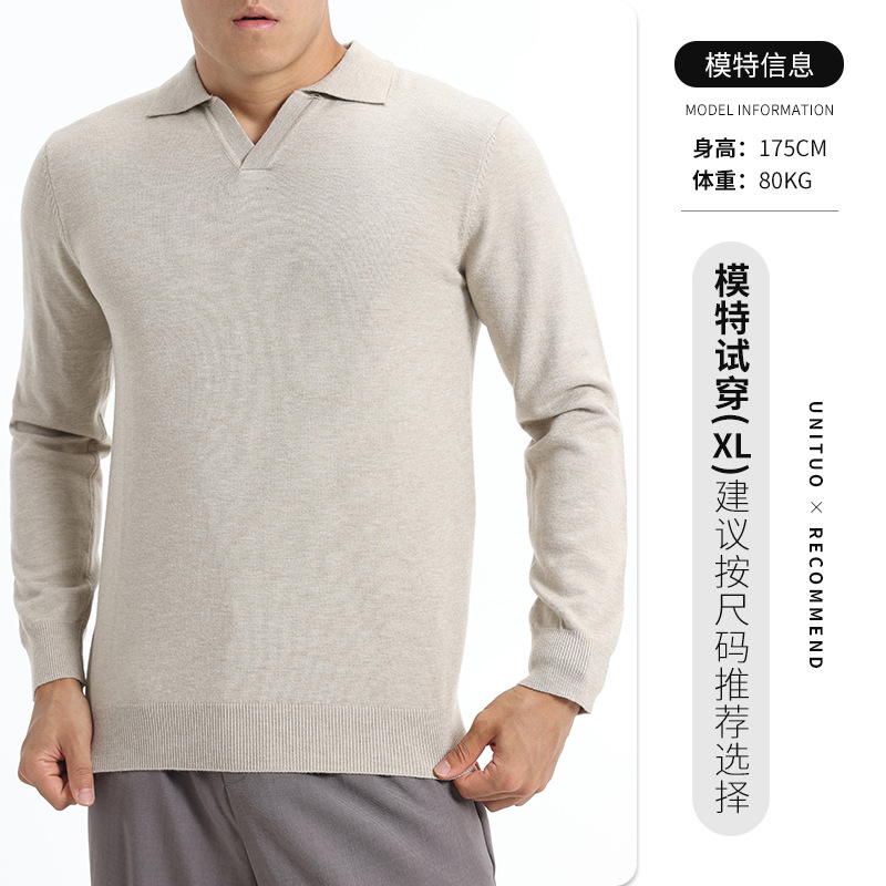 Lujo ligero viejo estilo gaviota cuello polo negro de manga larga hombre casual versátil delgado fondo camiseta lana