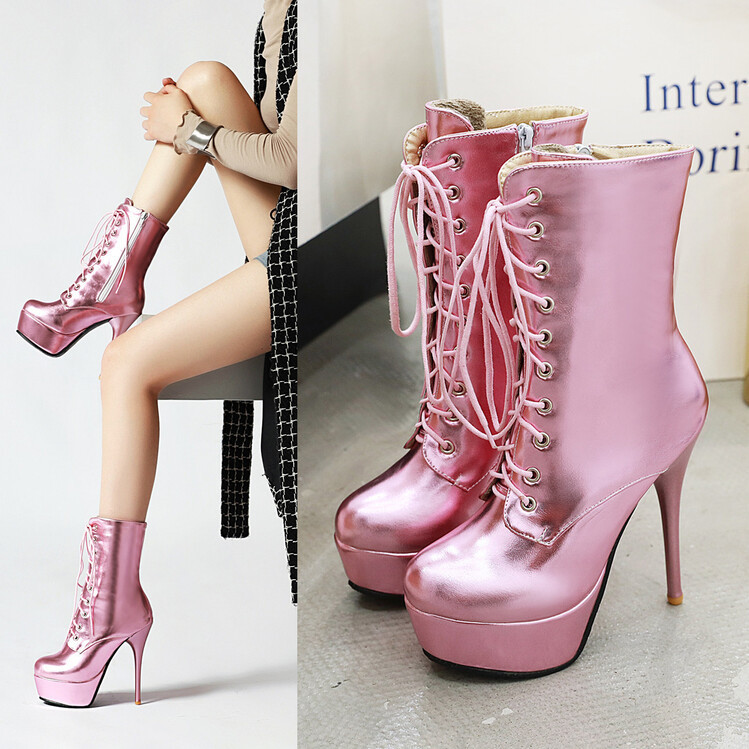 2023 Martin boots side zipper cross strap waterproof platform sexy stiletto heel patent leather women's boots 34-47 large size shoes