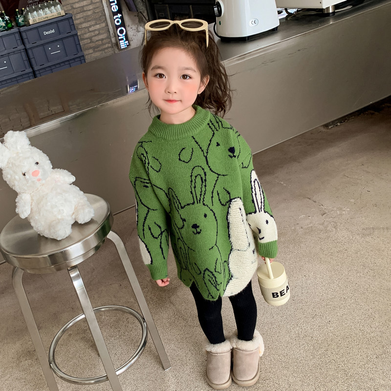 Suéter de punto para niñas con diseño de conejito, abrigado – moda otoño-invierno 2024.